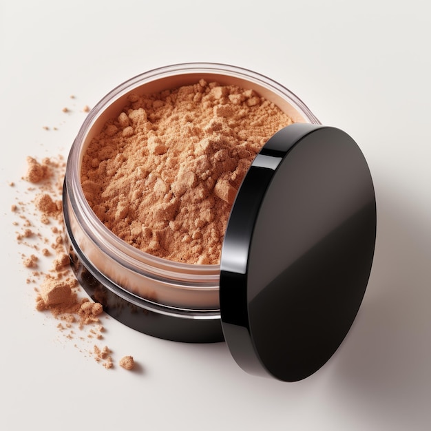 The loose cosmetics mineral powder is dark beige for makeup contained in a transparent jartop view