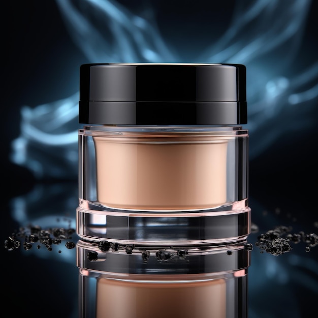 The loose cosmetics mineral powder is light beige for makeup contained in a transparent jar