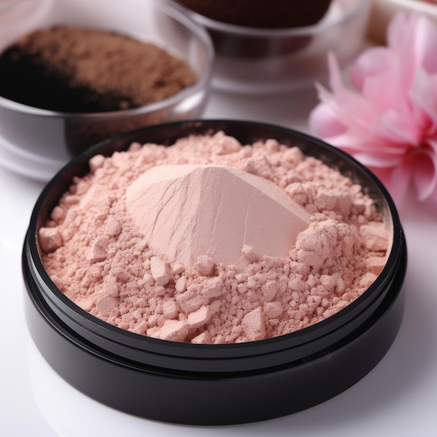 The loose cosmetics mineral powder is light beige for makeup contained in a transparent jar