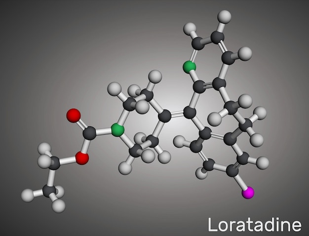 Loratadine drug molecule It is antihistamine is used to treat allergies Molecular model 3D rendering