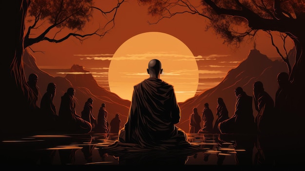 The Lord of the Buddha mediated with a crowd of shadowstyle monks