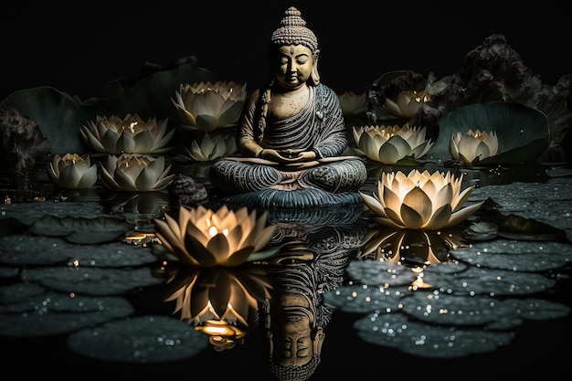 Lord Buddha Vesak greeting background or celebration of Vesak day with lotus