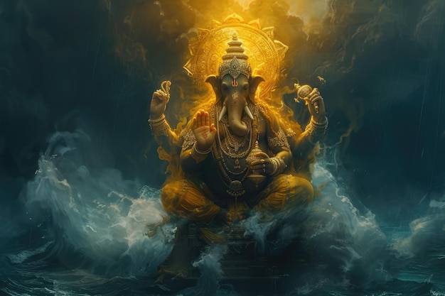 Lord Ganesha at the center of the universe in the style of Ravi Varma