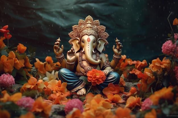 Lord Ganesha is surrounded by flowers Ganesh Festival Indian Ganesh Chaturthi Festival