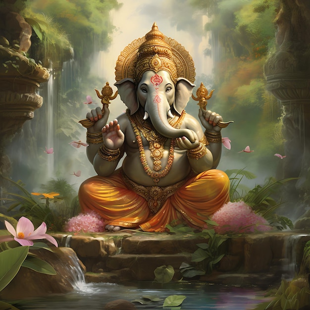 Lord Ganesha within a natural landscape