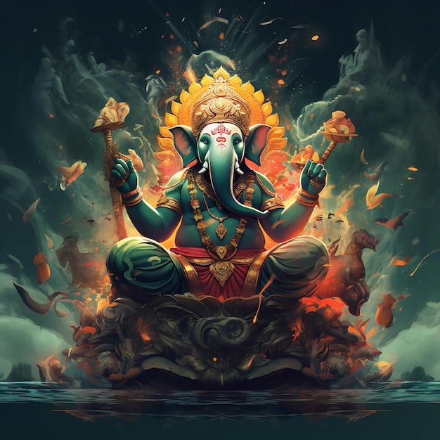 Lord Ganesha within a natural landscape