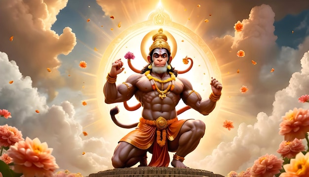 Lord Hanuman god in a divine pose in happy hanuman jayanti celebration day concept are