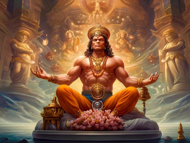 Lord Hanuman god in a divine pose in happy hanuman jayanti celebration day concept are