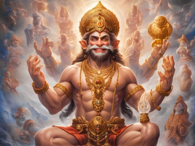 Lord Hanuman god in a divine pose in happy hanuman jayanti celebration day concept are