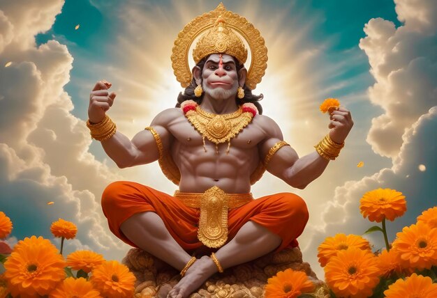 Lord Hanuman god in a divine pose in happy hanuman jayanti celebration day concept art