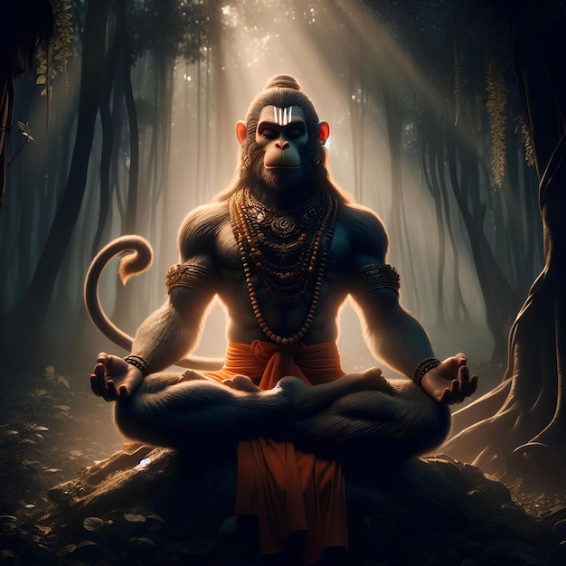 Lord hanuman meditating in the dark forest alone