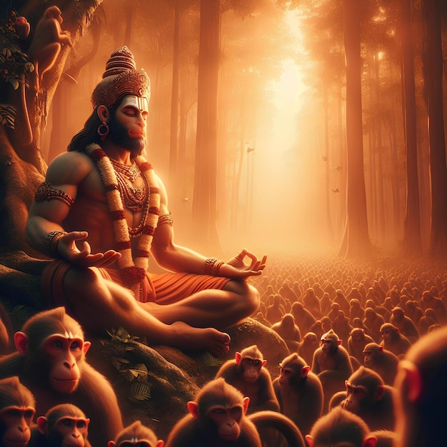 Lord hanuman meditating in the dark forest full of monkeys