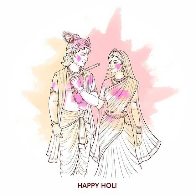 Photo lord krishan and radha playing holi with colors