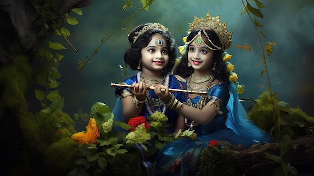 Photo lord krishna beautiful poster with a imaginary landscape janmasthami special for indian people