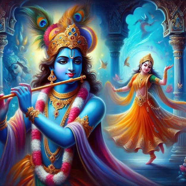 lord krishna dancing and playing flute with radha ma