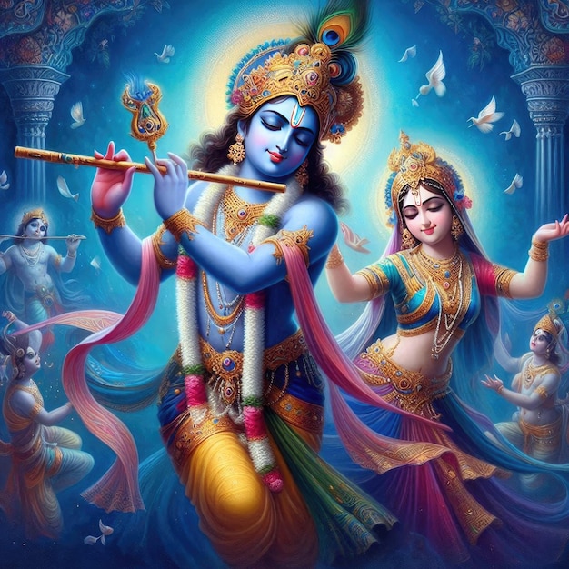 lord krishna dancing and playing flute with radha ma