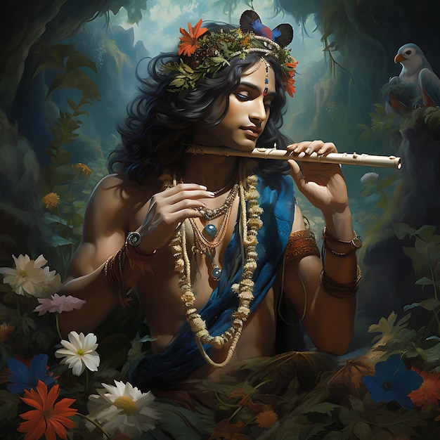 lord krishna playing flute in forest