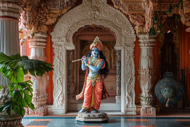 Photo lord krishna playing flute in a magnificent palace