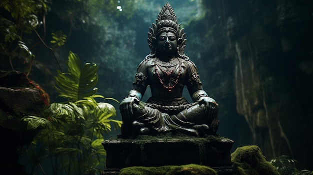 Lord Krishna Statue in Jungle with Waterfall Generative AI