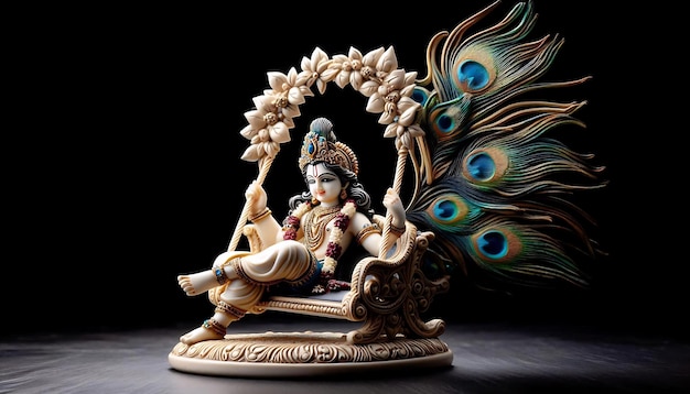 Photo lord krishna on swing with peacock feathers and halo in black background