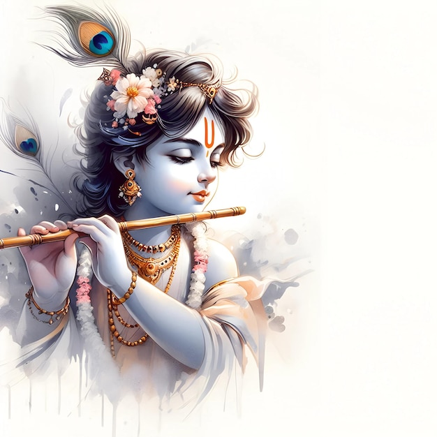 Lord Krishna with flute watercolor illustration