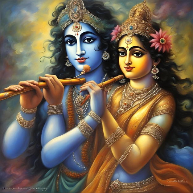 Lord Radha Krishna with flute abstract background