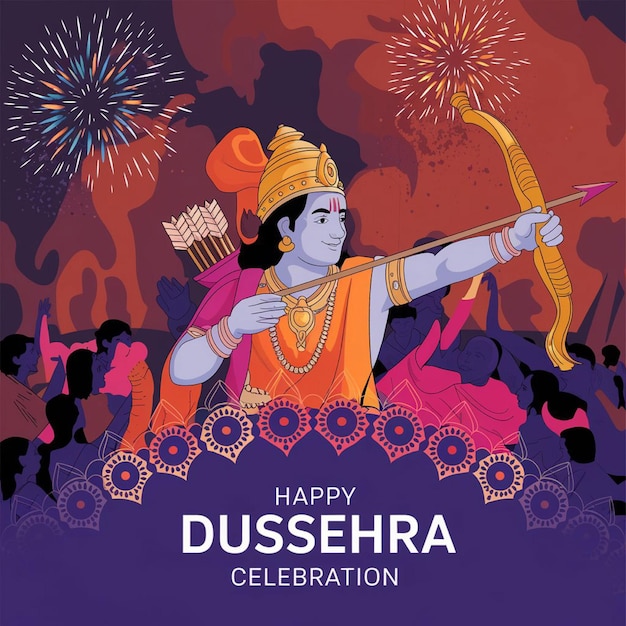 Photo lord rama holding bow and arrow killing ravana and celebrating dussehra