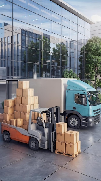 Lorry with parcels and forklift truck with cardboard boxes freight transportation delivery concept