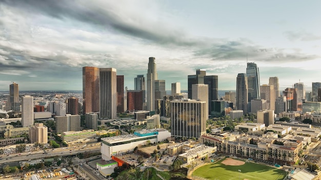 Los Angeles downtown skyline, panoramic landscape. Los angels city, downtown top aerial view with drone.