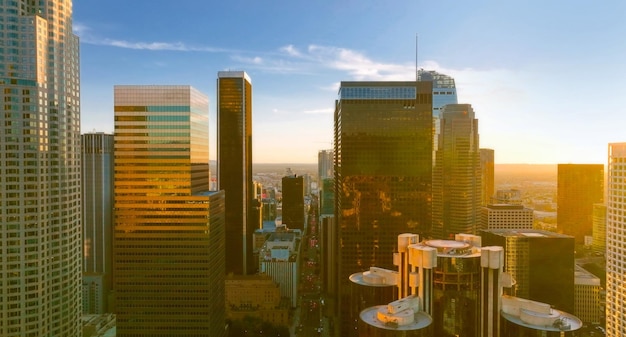 Los angeles skyline and skyscrapers downtown los angeles business centre of the city sunset over los