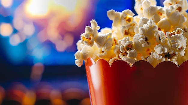 lose up of popcorn bucket with blurred cinema scripts