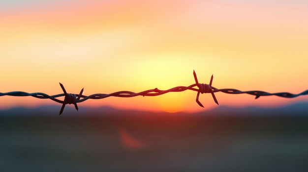 Photo loseup of a barbed wire against a blurred fence with a vibrant sunset in the background