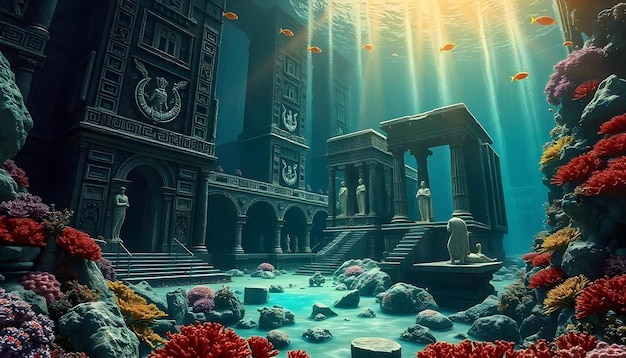 Photo lost city of atlantis submerged city underwater ruins ancient structures shimmering marble intr