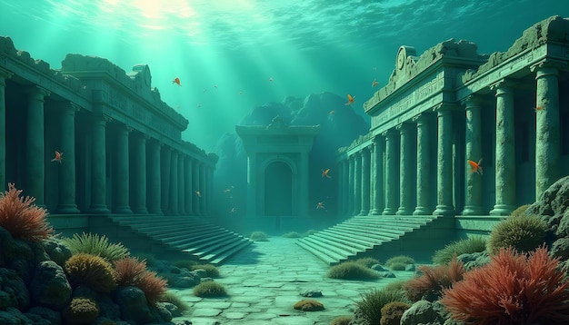 Photo lost city of atlantis submerged city underwater ruins ancient structures shimmering marble intr