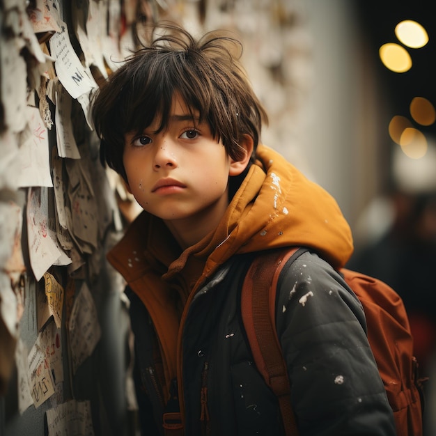 Lost desoriented refugee boy in orange jacket near the announcement board