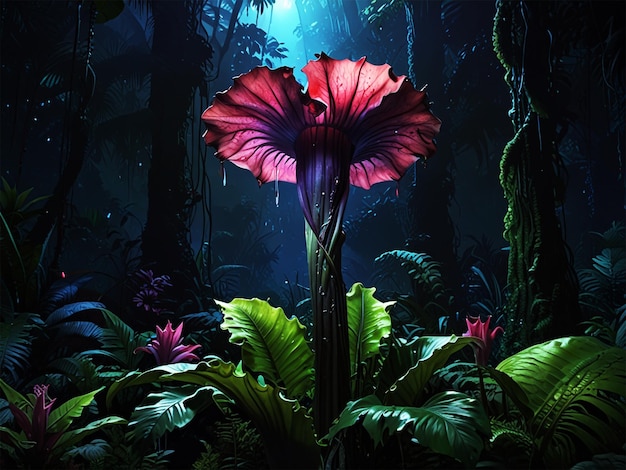 Photo lost of gaint corpse flower in bloom at glowing dark junglesan astronaut lost in this jungle