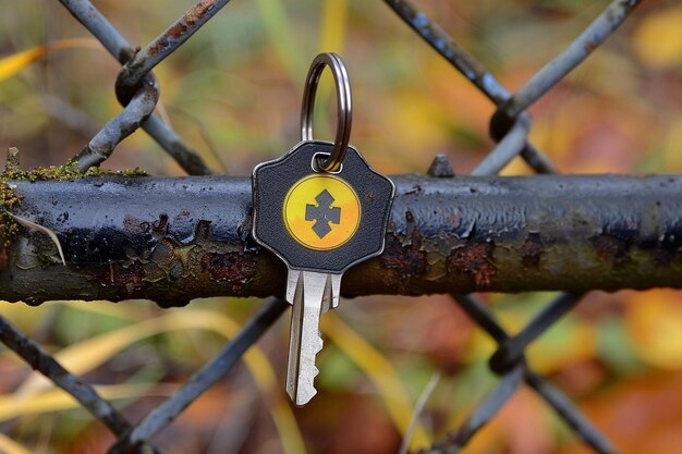 A lost key with a yellow badge on a fence