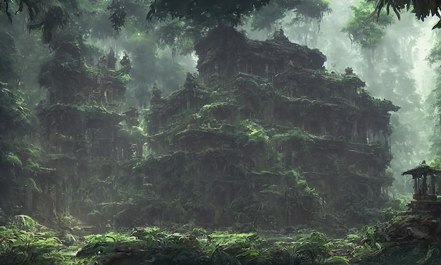 Lost temple in the jungle lost ancient civilization Large houses and buildings All covered with vines and grass 3d illustration