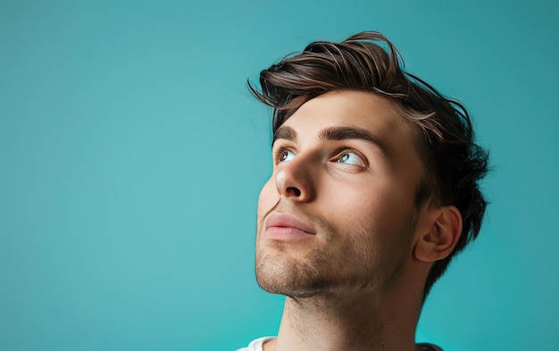 Lost in Thought American Man Isolated on Medium Turquoise Background JPG Portrait image