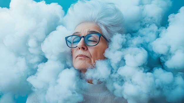 Lost In Thought Senior Woman Surrounded By Clouds Conveying Mental Health And Memory Loss