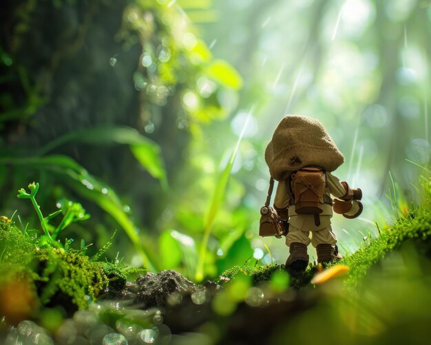 Photo lost wanderer in the enchanted forest with a backpack on his back adventure and travel concept