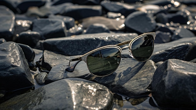 Lost wet sunglasses lie on a stone