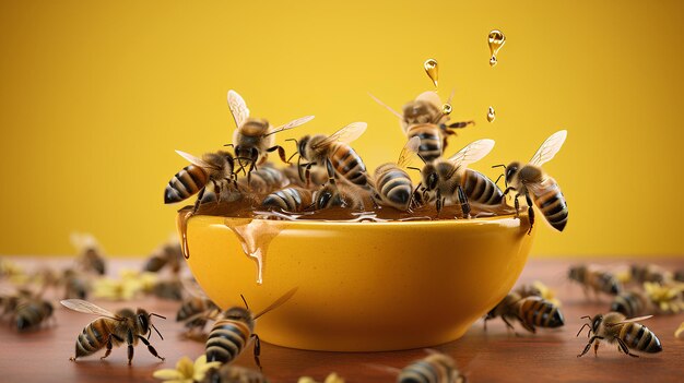 a lot of bees over a cup of hooney eating in yellow background