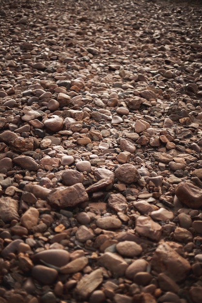 A lot of brown round cobblestones embedded in the floor with different shapes and sizes. Zenith view