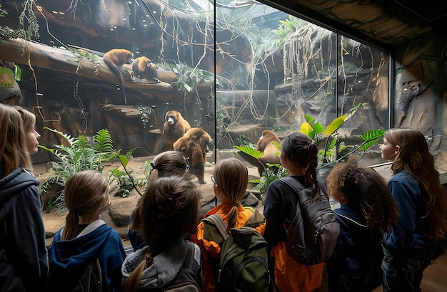 A lot of Childs in a zoo visitors from different age groups look at the animals