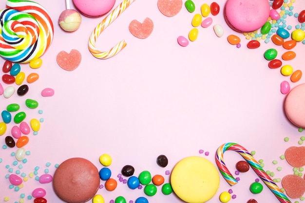 A lot of colorful candy on colourful background Valentines Day background