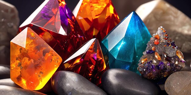 A lot of crystals and gemstones on a dark background Natural minerals such as agate amber amethyst quartz and others A scattering of precious stones Generative AI