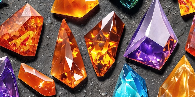 A lot of crystals and gemstones on a dark background Natural minerals such as agate amber amethyst quartz and others A scattering of precious stones Generative AI