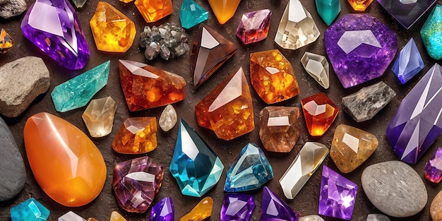 A lot of crystals and gemstones on a dark background Natural minerals such as agate amber amethyst quartz and others A scattering of precious stones Generative AI