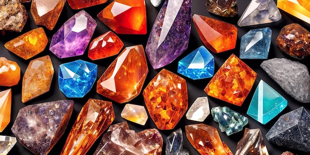 A lot of crystals and gemstones on a dark background Natural minerals such as agate amber amethyst quartz and others A scattering of precious stones Generative AI